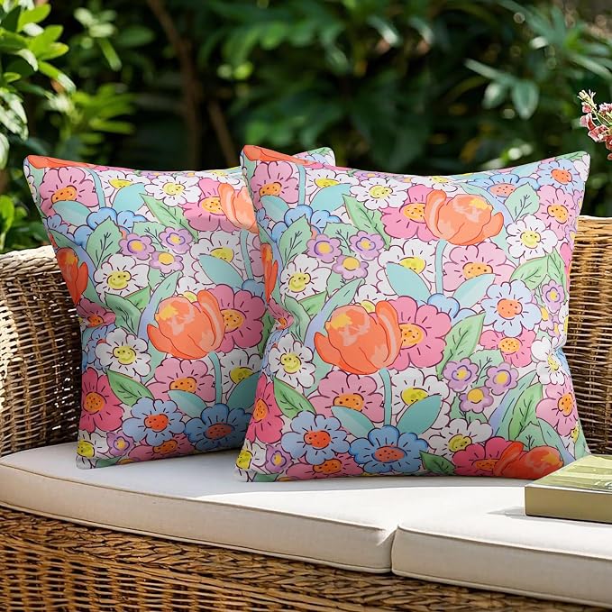 JASEN Outdoor Waterproof Throw Pillow Covers 18x18 Inch, Spring Floral Double Sided Decorative Square Covers for Patio Furniture Garden Square Couch & Sofa - Pack of 2 (Floral B)