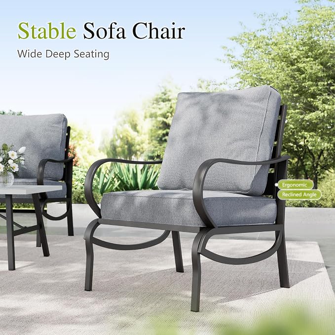 Sophia & William Patio Furniture Sets for 7 Outdoor Conversation Set 6 Pcs with 4 x Armrest Cushioned Sofa Chairs, 1 x 3-Seat Sofa, 1 Marbling Metal Coffee Table Garden Backyard Poolside Grey