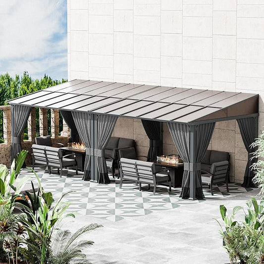 10' x 24' Lean to Gazebo,Large Wall Mount Heavy Duty Gazebos Pavilion,Outdoor Hardtop Pergola Shelter with Curtains and Netting,Sunshade for Patio Garden Lawn Backyard Deck,Grey