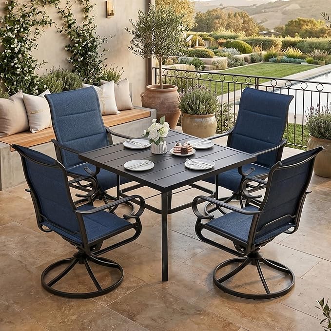 NUU GARDEN 5-Piece Breathable Textilene Outdoor Dining Set, Slatted Outdoor Table and Chairs with Swivel Base, All Weather Patio Furniture Set with Umbrella Hole for Backyard, Garden, Blue