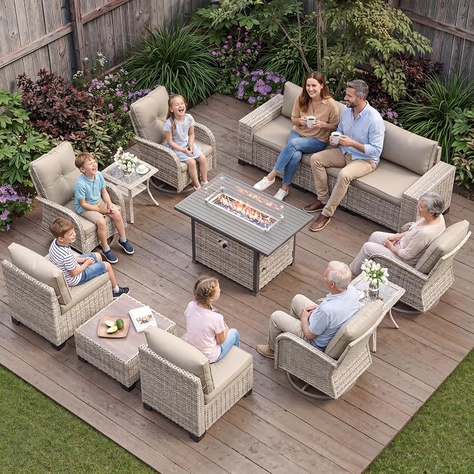 13-Piece Outdoor Patio Furniture Set with Rocking Swivel Chair, PE Wicker Rattan Sectional Sofa Patio Conversation Set with 55,000 BTU Fire Pit Table & Coffee Table, Sand