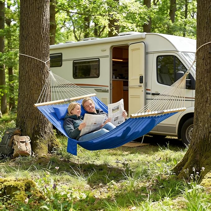 Outdoor Double Hammock with Hardwood Spreader Bars, 440 lb Capacity Patio Hammock, for Patio, Backyard, Porch, Camping & Garden, 128” x 55” (Navy Blue)