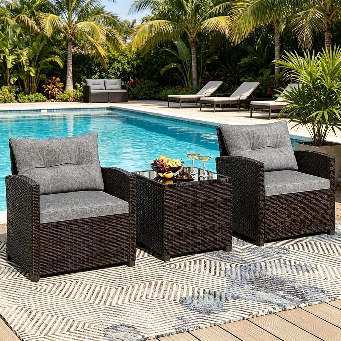 ORALNER 3 Pieces Patio Furniture Set, Outdoor Wicker Conversation Set Rattan Chairs with Cushions, Glass Coffee Table, Bistro Set for Front Porch Balcony Garden Deck Poolside (Grey)
