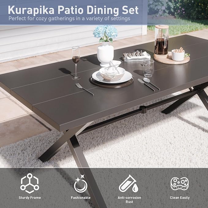 Kurapika 7-Piece Patio Dining Set, Patio Furniture Set for 6, Outdoor Large Metal Table with Umbrella Hole and Textilene Swivel/Rocking Chairs, for Garden, Deck, Porch, Pool All Weather, Brown