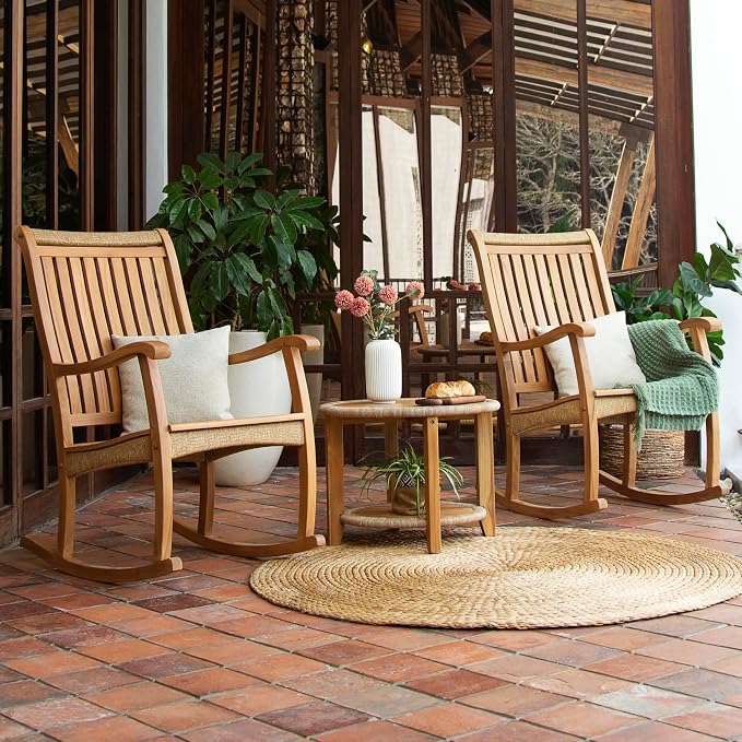 Cambridge Casual Marrakesh Teak Wood 3-Piece Rocking Conversation Set with Honey Twist Wicker