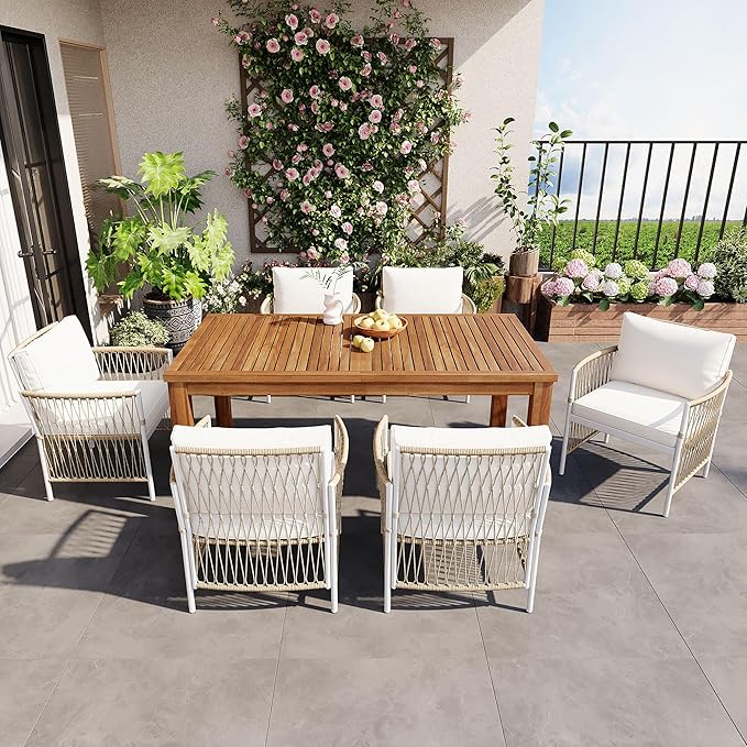 7-Piece Outdoor Patio Dining Set, All-Weather Acacia Wood 67''L Rectangular Dining Table with 6 Rattan Arm Chairs for Backyard, Garden, Poolside (Natural+R3)