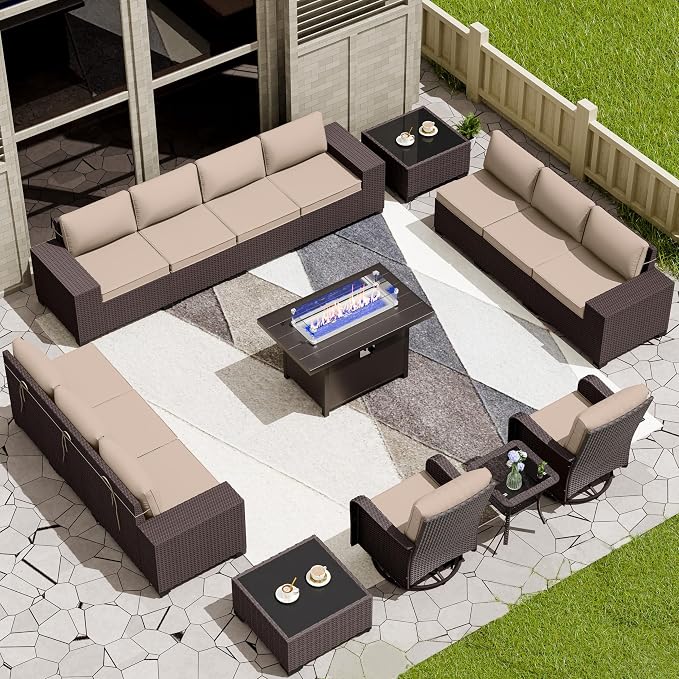 16 PCS Outdoor Patio Furniture Set,Outdoor Sectional Furniture with 45" 55000 BTU Gas Propane Fire Pit Table,All Weather PE Rattan Wicker Patio Conversation Set,Swivel Rocking Chairs Set,Sand