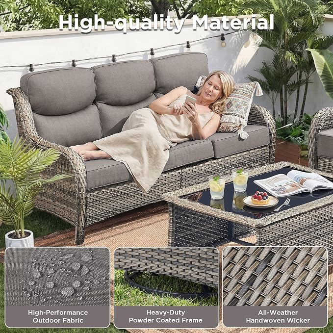 Luxury 6 Pieces Outdoor Patio Furniture Set-All Weather Wicker Outdoor Furniture with Swivel Rocker Patio Chairs 6-inch Extra Thick Cushions Wicker Conversation Set for Garden Porch(Grey/Grey)