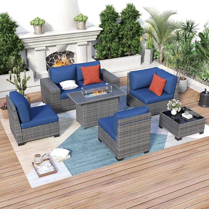 Patio Furniture with Fire Pit Table,8‘’ Wide armrest Outdoor Sectional Rattan Sofa Set, Wicker Patio Furniture Sets w/Coffee Table,Thick Cushions and Cover for Porch, Balcony,7PC(Grey&Navy)