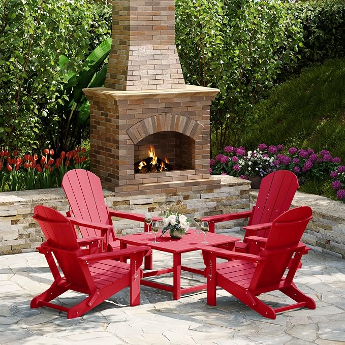 Costaelm Patio Conversation Set, 5 piece Balcony Furniture, Small Patio Firepit Furniture Outdoor Adirondack Square Coffee Table and Chair for Backyard Lawn Porch Pool Garden, Red