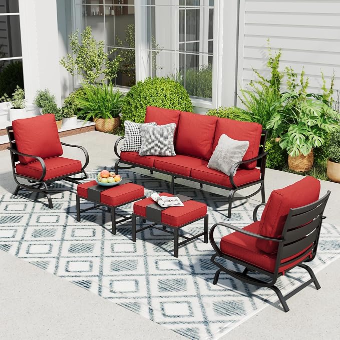 Sophia & William Patio Furniture Sets 5 Seats Outdoor Metal Conversation Sets 5 Pcs with 2 x Cushioned Swivel Sofa Chairs,1 x 3-Seat Sofa,2 x Ottomans for Coffee Lawn Backyard Poolside Red