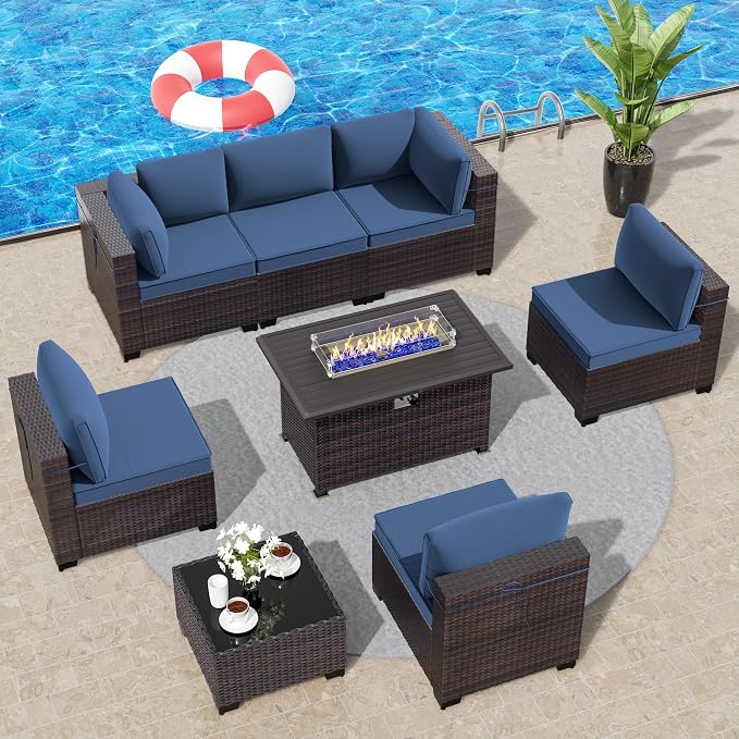 8 Pieces Outdoor Patio Furniture Set,Outdoor Sectional Furniture with 43" 55000 BTU Gas Propane Fire Pit Table,All Weather PE Rattan Wicker Patio Conversation Set,Navy Blue