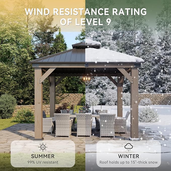 Aoxun 10' x 10' Outdoor Wood Gazebo, Hardtop Gazebo Permanent Wooden Pavilion with Galvanized Steel Double Roof, for Backyard, Garden, Deck, Cedar Wood, Grey
