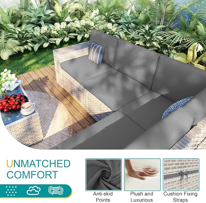 7-Piece Patio Furniture Set, Outdoor Patio Conversation Set with 60,000 BTU Fire Pit Table, PE Rattan Wicker Sectional Sofa with Large Capacity Seats, Widened Armrests, Extra High Backrest, Grey