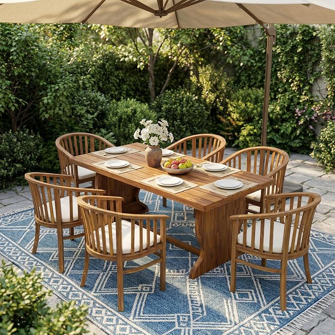 Christopher Knight Home Outdoor Acacia Wood Dining Set 6 Chairs 1 Table Cream Cushions Teak Finish Patio Backyard Garden Furniture 70 Inch Table Outdoor Dining Set