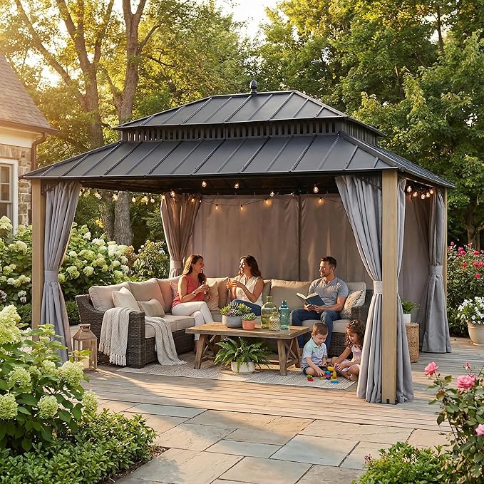 SUNJOY Kingston 16' x 12' Hardtop Wood Gazebo with Galvanized Steel Double Roof, Curtain and Netting, Cedar Posts Permanent Pavilion Gazebo for Garden, Patio, Deck, Lawn