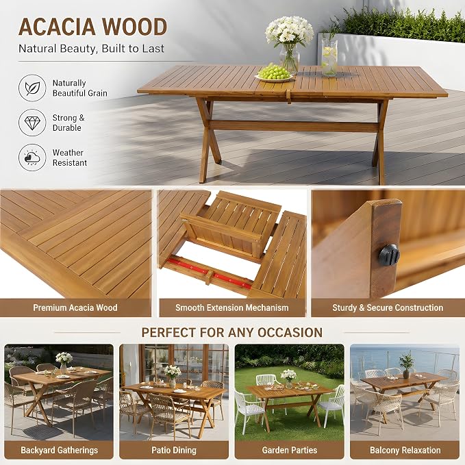 Christopher Knight Home Daron 7 Piece Acacia Wood Outdoor Dining Table Set for 6, Extendable Dining Table and 6 Patio Chairs, Slatted Wooden Outdoor Patio Furniture Set for Garden/Backyard, Teak