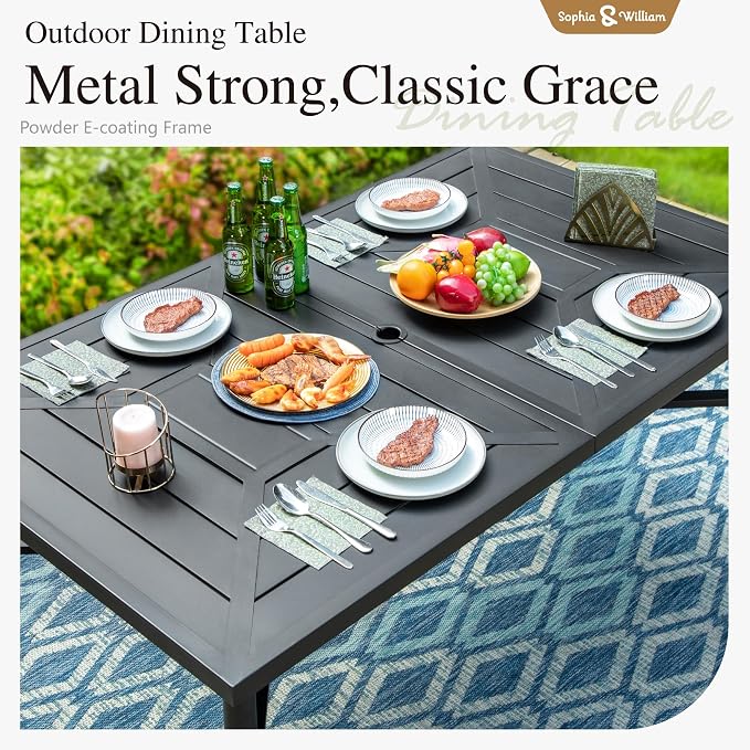 Sophia & William Patio Table and Chairs Set, Outdoor Dining Set for 6, 7 Piece Metal Patio Furniture, 64" Black Rectangular Table(Diamond)
