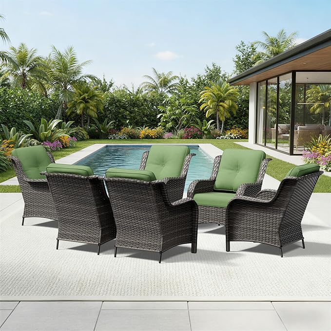 Joyside 6 Piece Wicker Patio Furniture Set, Rattan Patio Chairs with High Back, Deep Seating, Wide Armrest, Thickened Cushions, Outdoor Furniture for Deck, Porch Use