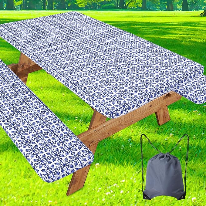 misaya Picnic Table Cover with Bench Cover, Waterproof Elastic Fitted Tablecloth for 8 Foot Tables, Rectangle Washable Polyester Tablecloths for Picnic, Camping, Outdoor (Blue, 30" x 96")