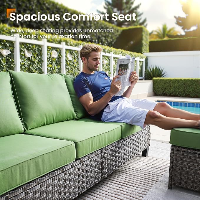 CAODOC Patio Furniture Set, 7 Pieces Outdoor Wicker Rattan Sofa Couch with 4 Chairs, Ottomans and Comfy Cushions, All Weather High Back Conversation Set Garden Backyard, Brown Rattan Green Cushions