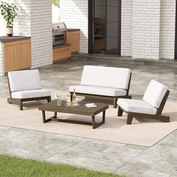4 Pieces Patio Furniture Sets, All-Weather Outdoor Wood Bistro Set Patio Conversation Coffee Table Chiars and Patio Loveseat for Balcony, Backyard
