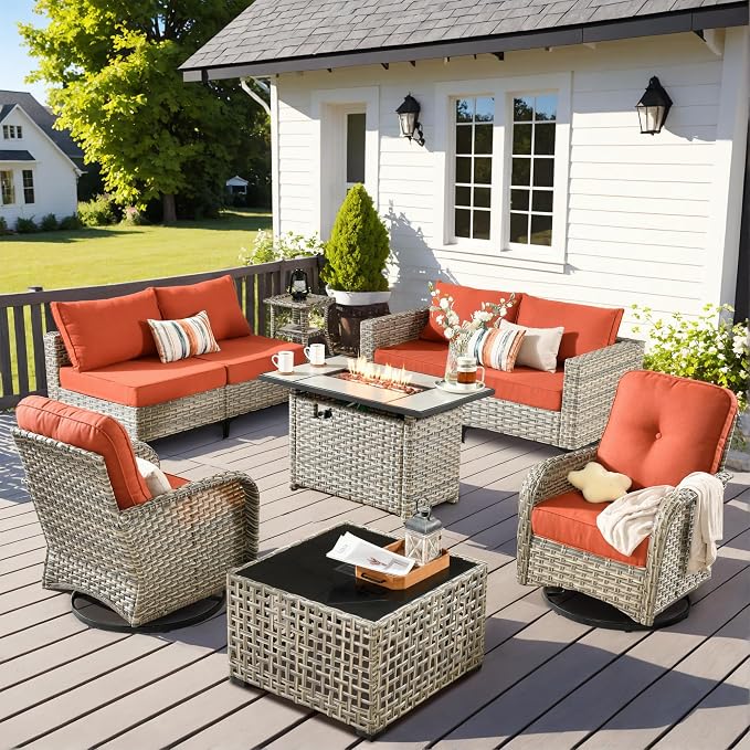 Outdoor Patio Furniture Sets,9 PCS Patio Conversation Set Outside Rattan Sectional Sofa with 42 in Square Fire Pit Table Wicker Rocking Chair Coffee Table Fit Backyard Garden Poolside Balcony