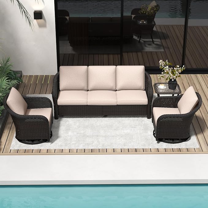 4 PCS Patio Conversation Set | 78" Couch, 2 Swivel Chairs, 1 Side Table， Outdoor Wicker Conversation Furniture with Removable Cushions for Bistro, Deck, Sunroom(Beige)