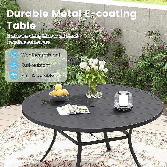 7 Pieces Outdoor Patio Dining Table Set, 53" All Weather Round Metal Table with Umbrella Hole and 6 High Back Textilene Swivel Chairs for Garden, Lawn, Poolside, Black Table & Brown Chairs
