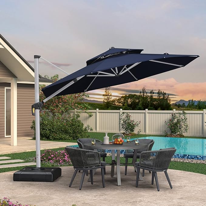 PURPLE LEAF 12 FT Cantilever Patio Umbrellas with Base Included, Large Round Offset Umbrella with 360° Rotation, Outdoor Aluminum Pool Umbrella for Pool Lawn Garden, Navy Blue