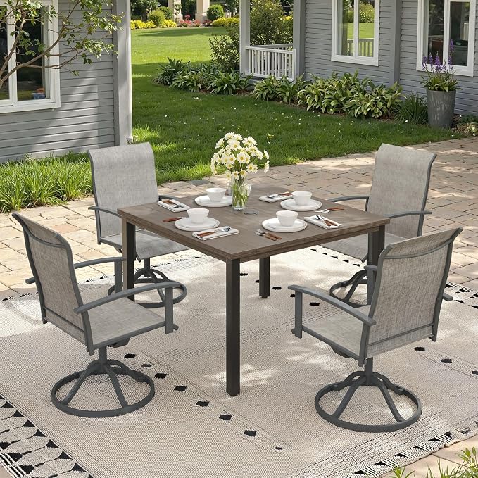 5 Pieces Patio Dining Set, Outdoor Furniture of 40.2" Square Patio Table and Patio Swivel Chairs for Backyard Lawn Garden, Grey Table and Grey Chairs