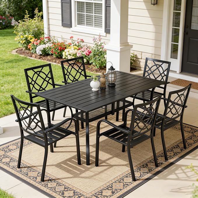 SUNCROWN 7-Piece Outdoor Wrought Iron Chairs and Table Patio Dining Furniture Set - 6 Stackable Metal Chairs, 1 Steel Slat Bistro Table for Garden Backyard Deck