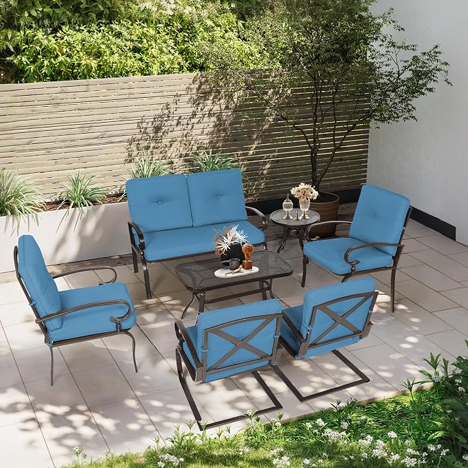 Incbruce 7 Piece Wrought Iron Patio Furniture Set Metal Outdoor Conversation Sets (Loveseat, Coffee Table and Bistro Table, 2 Spring Chair, 2 Dining Chairs) with Cushion (Peacock Blue)