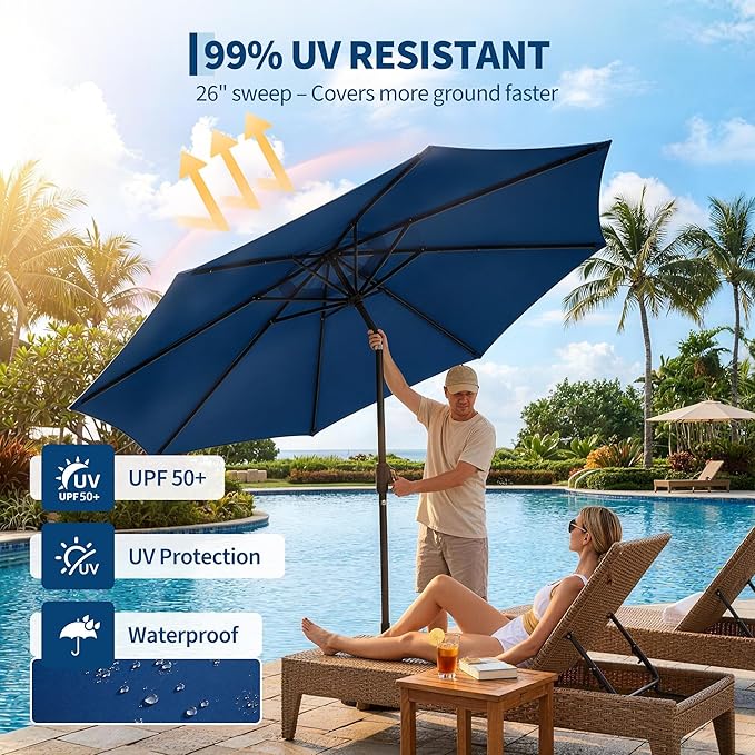 Garvee 9FT Patio Umbrella with 32 Solar LED Lights, Outdoor Table Market Umbrella with Tilt and Crank, 8 Sturdy Iron Ribs Sun Shade for Garden, Deck, Backyard and Pool, Navy Blue
