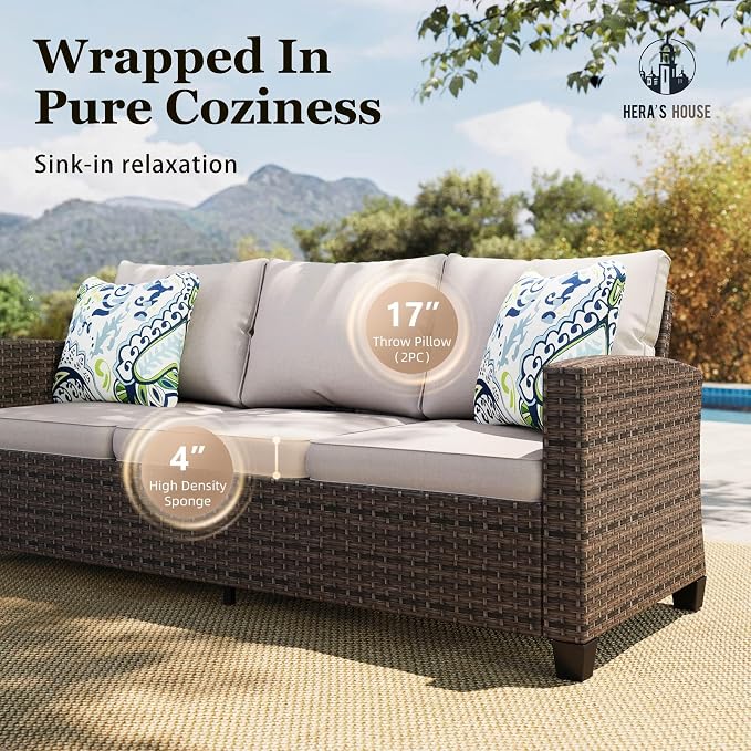 HERA'S HOUSE 8 Pieces Wicker Patio Furniture Set with Fire Pit Table, 4 x Single Chair, 2 x Ottoman, 3-Seat Sofa and 32" Fire Pit Table, Outdoor Rattan Conversation Set for Garden, Poolside, Backyard