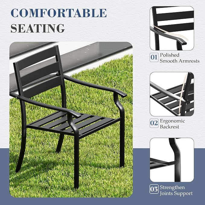 HOMREST 7 Piece Outdoor Patio Dining Set for 6, 63" Rectangular Metal Table with Umbrella Hole and Storage Shelf, Stackable Steel Chairs, Large Patio Furniture Set for Deck/Backyard/Poolside/Garden
