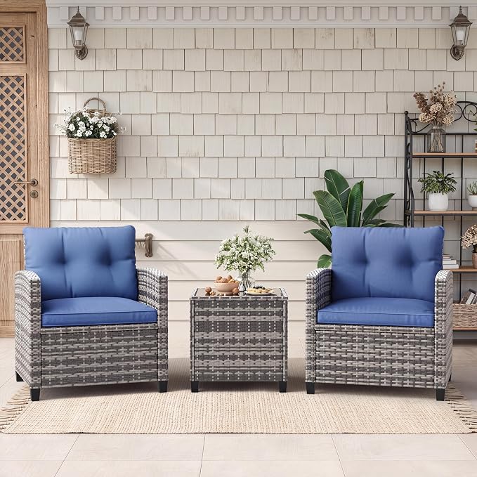 GarveeHome 3-Piece Outdoor Wicker Sofa Set, PE Rattan Patio Furniture with Removable Washable Blue Cushions & Tempered Glass Table, Conversation Seating for Garden, Poolside, Balcony, Gray Wicker