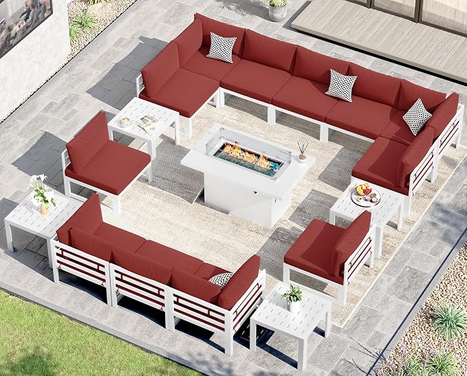 NICESOUL 12 People Large Luxury Aluminum Outdoor Sectional Sofa, L Shaped Modular Patio Furniture Set with Fire Pit Table & Side Table, 500 lbs Heavy Duty Conversation Couch for Poolside, Burgundy