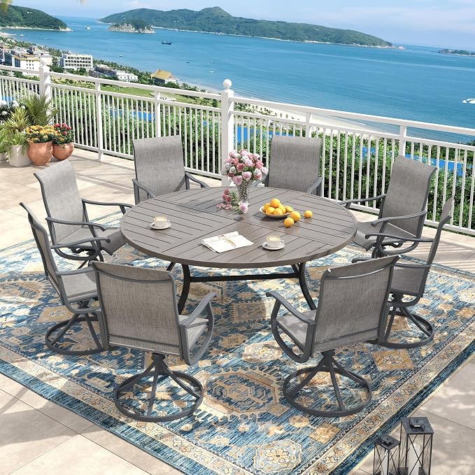 Outdoor Dining Set for 8, 60.1" Metal Round Outdoor Dining Table with Umbrella Hole and Sling Patio Swivel Chairs, 9 Pieces Patio Table and Chairs Set for Garden Backyard, Grey