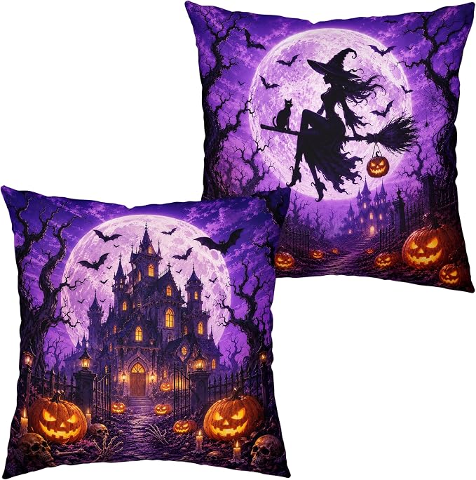 Purple Halloween Pillow Covers 16x16 Set of 2 Full Moon Night Castle Witch Throw Pillow Covers Bat Jack-O-Lantern Decorative Pillowcase for Couch Sofa Indoor Outdoor