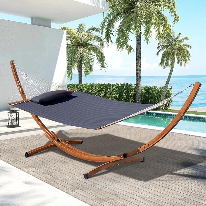 Lazy Daze Hammocks Double Quilted Hammock with 13 FT Curved Steel Heavy Duty Stand and Pillow for Outside, Backyard, Patio, 450 Lbs Capacity, Dark Grey