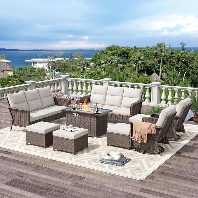12 Seats Outdoor Patio Furniture Set with Fire Pit Table, High Back Swivel Chairs Conversation Sets With Ergonomic Backrest, Wicker Sectional Sofa with Gilder Chair for Yard Garden Porch, Beige