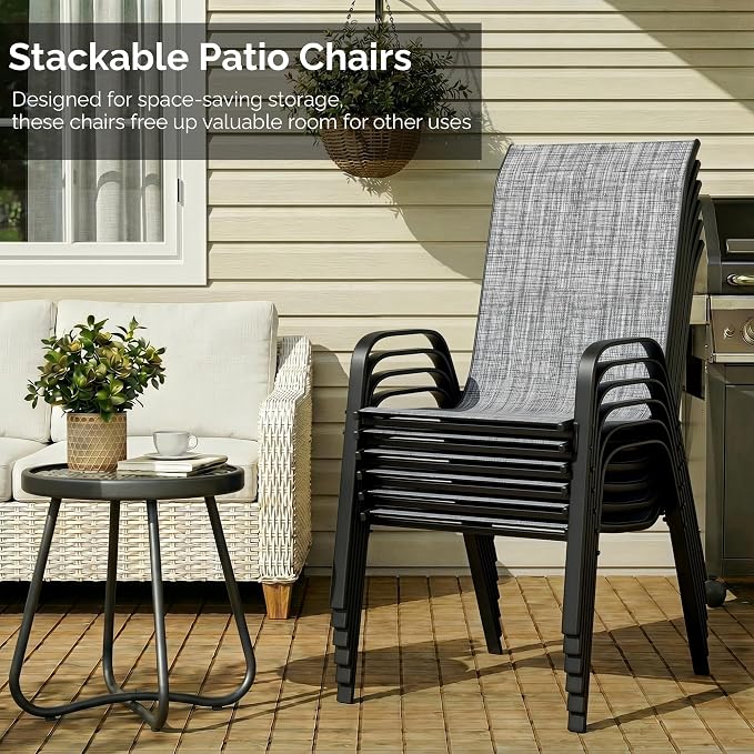 MAMIZO 7 Pieces Patio Dining Set for 6, Outdoor Table and Chairs w/Rectangle Glass Table and 6 Textilene Stackable Chairs, Patio Furniture Set w/1.69" Umbrella Hole (Black Table & Grey Chair)