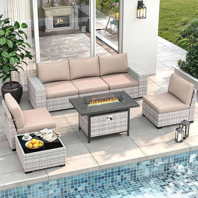 7 Piece Outdoor Wicker Sectional Sofa Set with Fire Pit Table, 5-Seats Conversation Set with 4" Thickened Cushions & Coffee Table, All-Weather PE Rattan for Garden, Backyard, Porch, Beige
