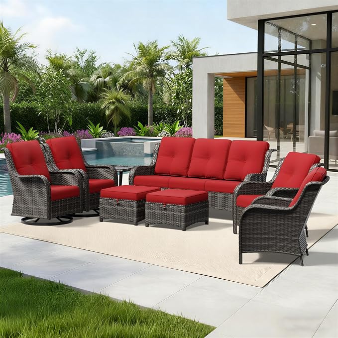 Joyside 8 Piece Wicker Patio Furniture Set, Outdoor Swivel Rocker Patio Chairs with High Back, Deep Seating, Wide Armrest, Thickened Cushions, Outdoor Furniture for Deck, Porch Use