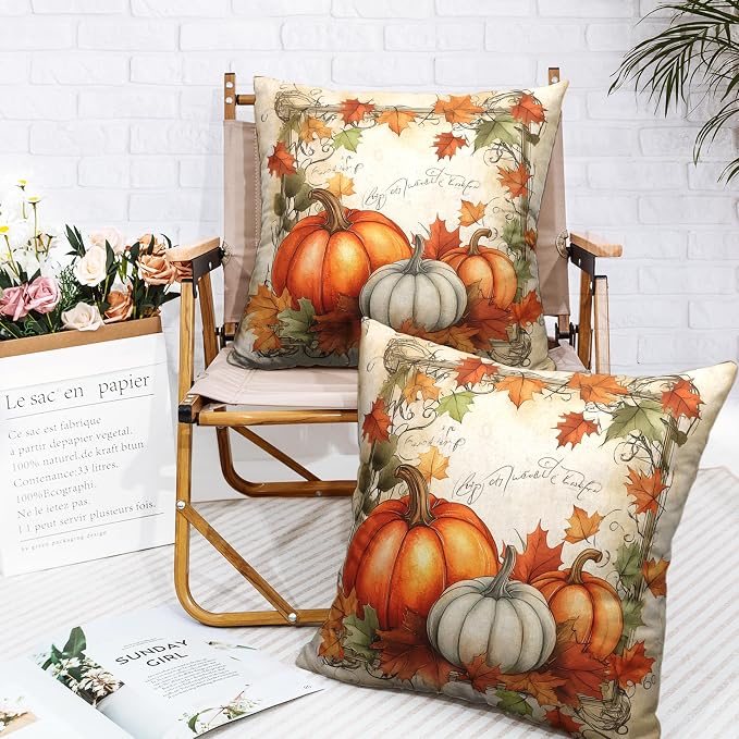 Fall Pillow Covers 24x24 Set of 2 Maple Leaves Pumpkin Pillow Covers Autumn Harvest Pillowcase Thanksgiving Vintage Cushion Case for Home Decor Couch Sofa