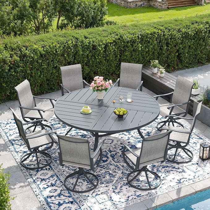 DIFY Patio Table and Chairs Set for 8, 9 Piece Outdoor Dining Set Includes 59.8" Round Metal Dining Table with Umbrella Hole and 8 Textilene Swivel Patio Chairs, for Garden Backyard Deck, Grey