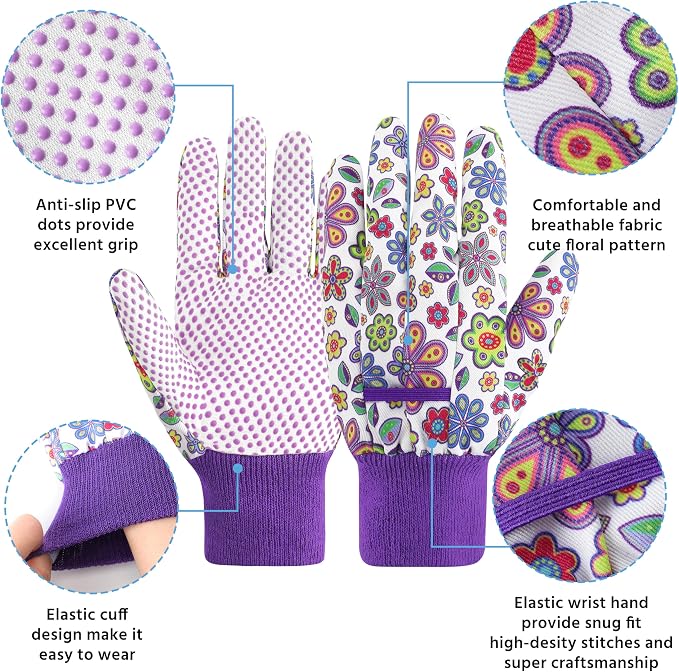 DOFOWORK Gardening Gloves, 4 Pair Floral Garden Gloves for Women with Dots | Soft Comfortable Fabric,Cute Floral Pattern,Anti-slip PVC Dots,Designed for Ladies,Yard Planting & Daily Gardening Work