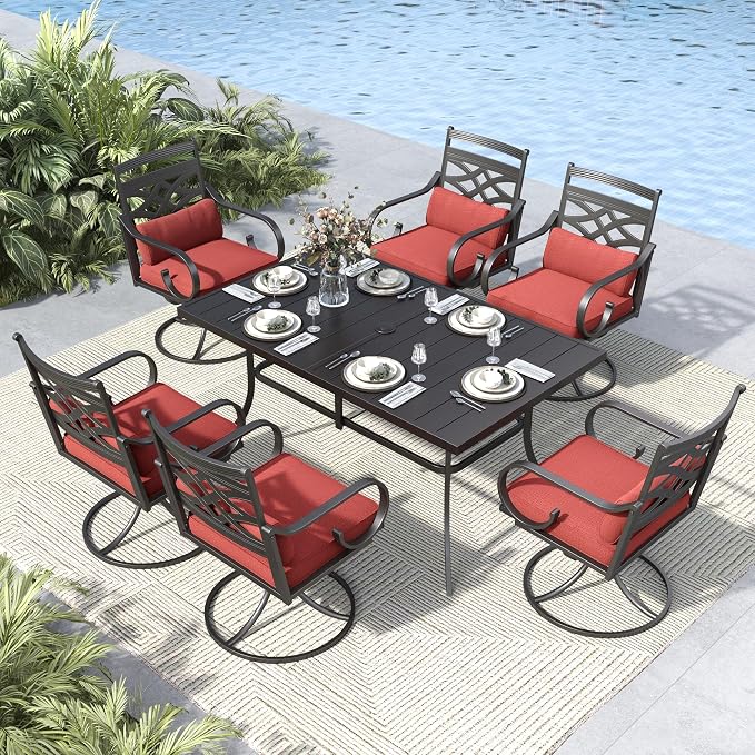 MFSTUDIO 7 PCS, Patio Dining Set, 60"×38", Swivel Chairs, Umbrella Hole | Red, Steel, Metal, E-coated frame