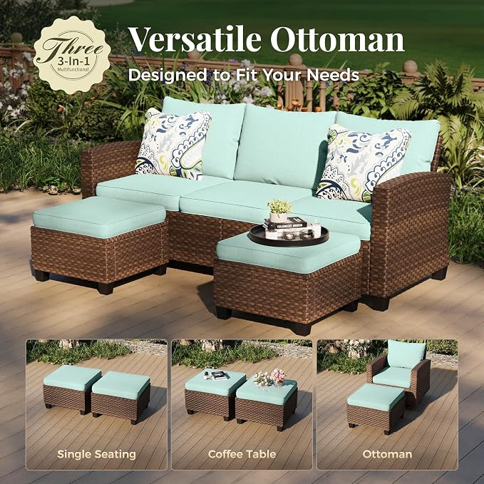 MIXPATIO Patio Furniture Set, 7 Pcs Wicker Rattan Outdoor Conversation Set, 4 x Leg Chairs, 1 x 3 Seater Sofa and 2 x Ottoman with 4" Thick Cushion for Garden Backyard Deck, Blue